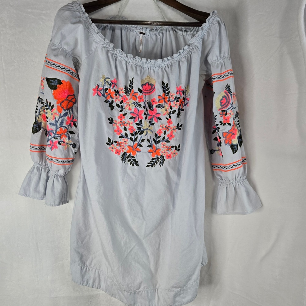 Free People Embroidered Off The Shoulder Tunic Dress Blue Floral Boho Medium